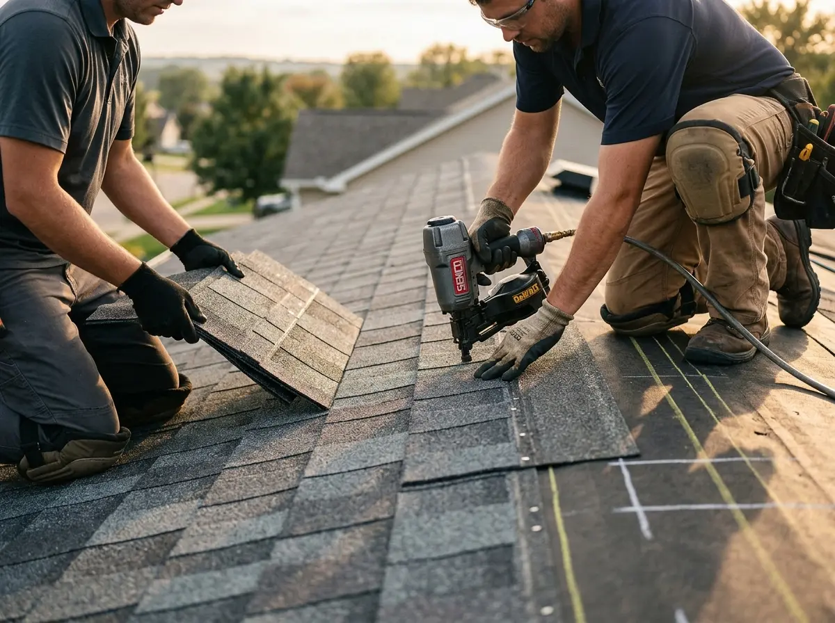 Professional roofer working on a residential roof in Willow Oak